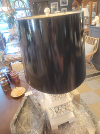 1950s Cream Ceramic Pagoda Table Lamp w/ Black Oval Shade