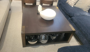 Custom Stained Quarter Oak Coffee Table w/ Bronze Corner Posts