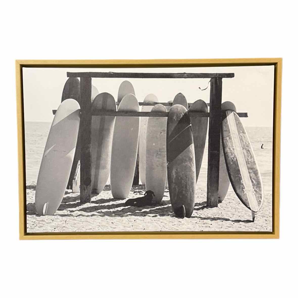 B&W Beach Surfboards Photograph on Canvas in Floating Wood Frame