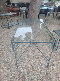 SET of 5-ft Green Iron Glass Top Dining Table, 4 Side Chairs, 2 Arm Chairs