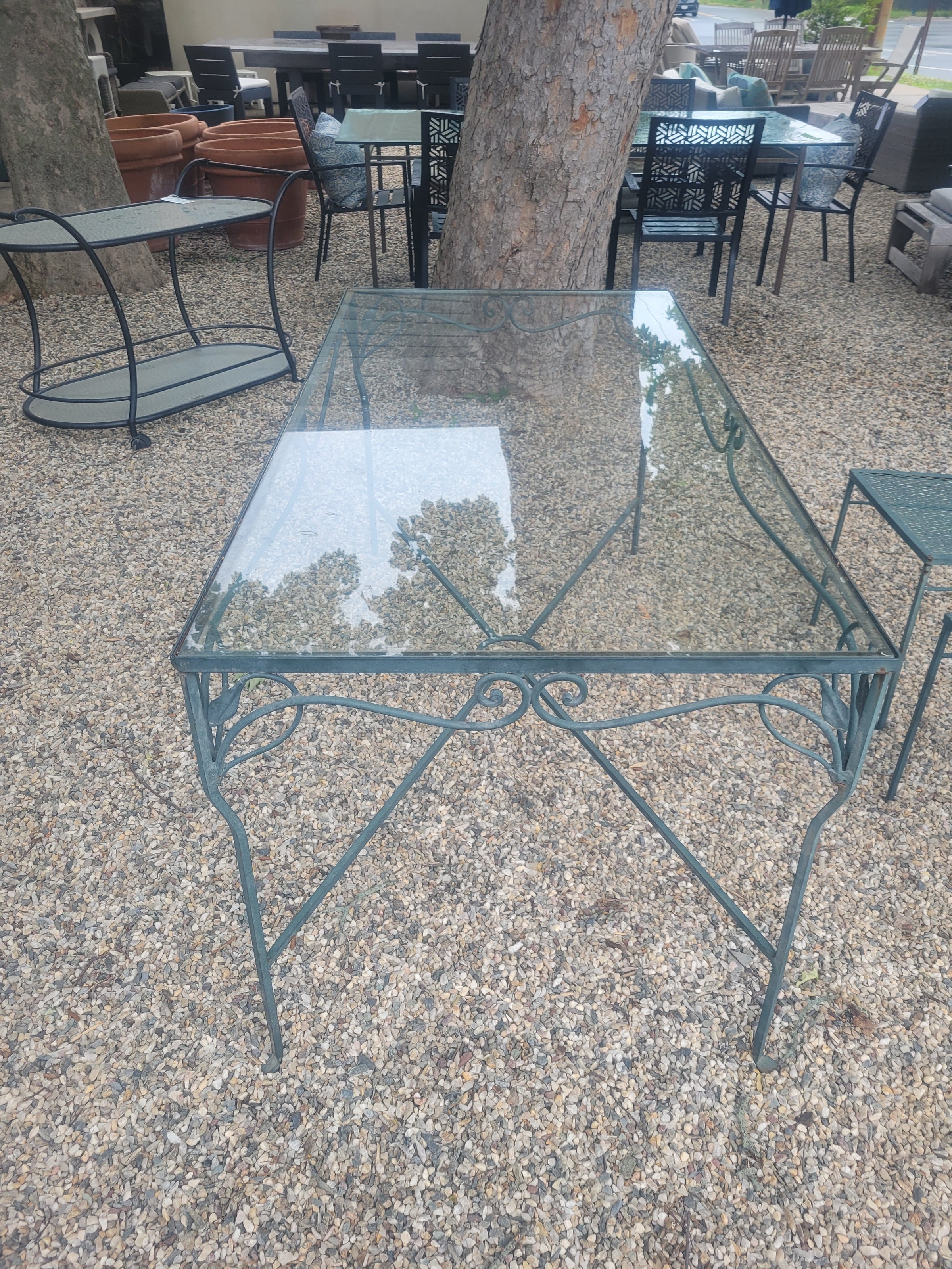 SET of 5-ft Green Iron Glass Top Dining Table, 4 Side Chairs, 2 Arm Chairs
