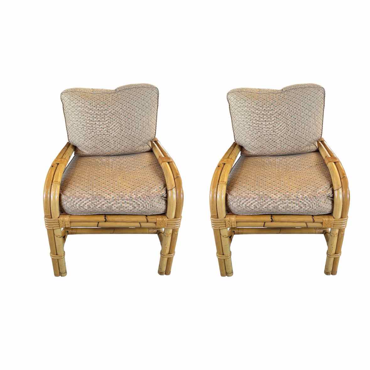 PAIR of Bamboo Chairs w/ Diamond Pattern Cushions