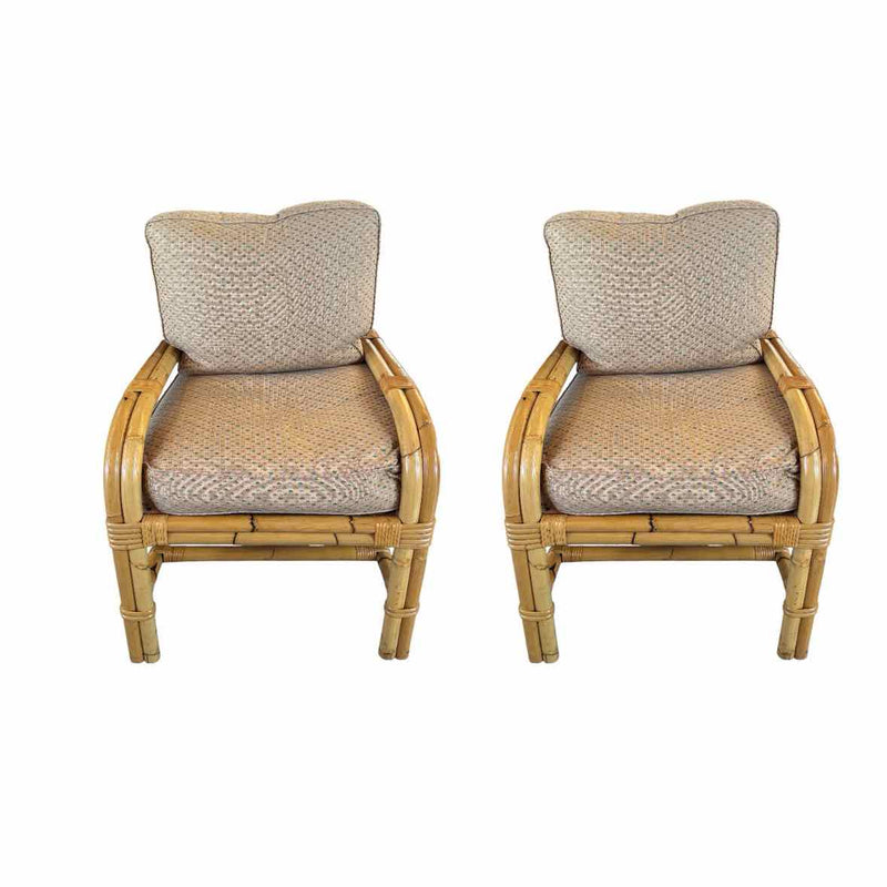 PAIR of Bamboo Chairs w/ Diamond Pattern Cushions