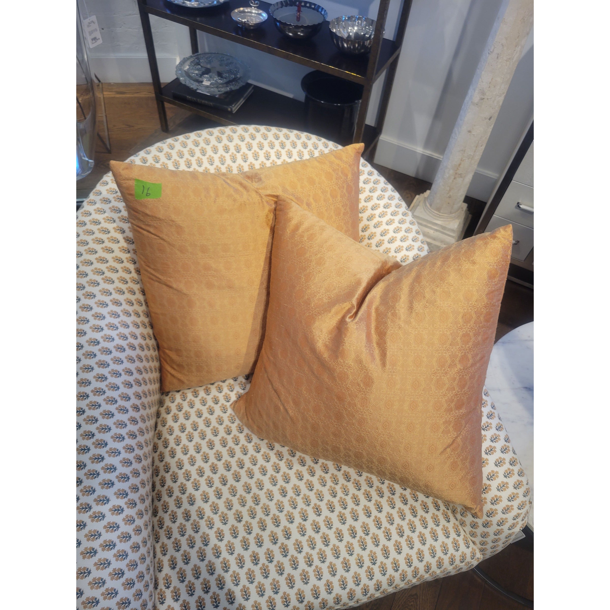 PAIR of Custom Orange Patterned Silk Square Pillows
