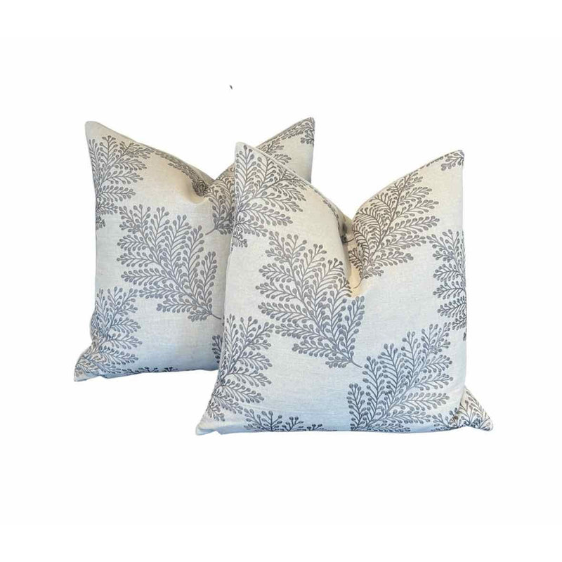 Pair of Custom Gray Embroidered Leaves Over Linen Pillows - colletteconsignment.com