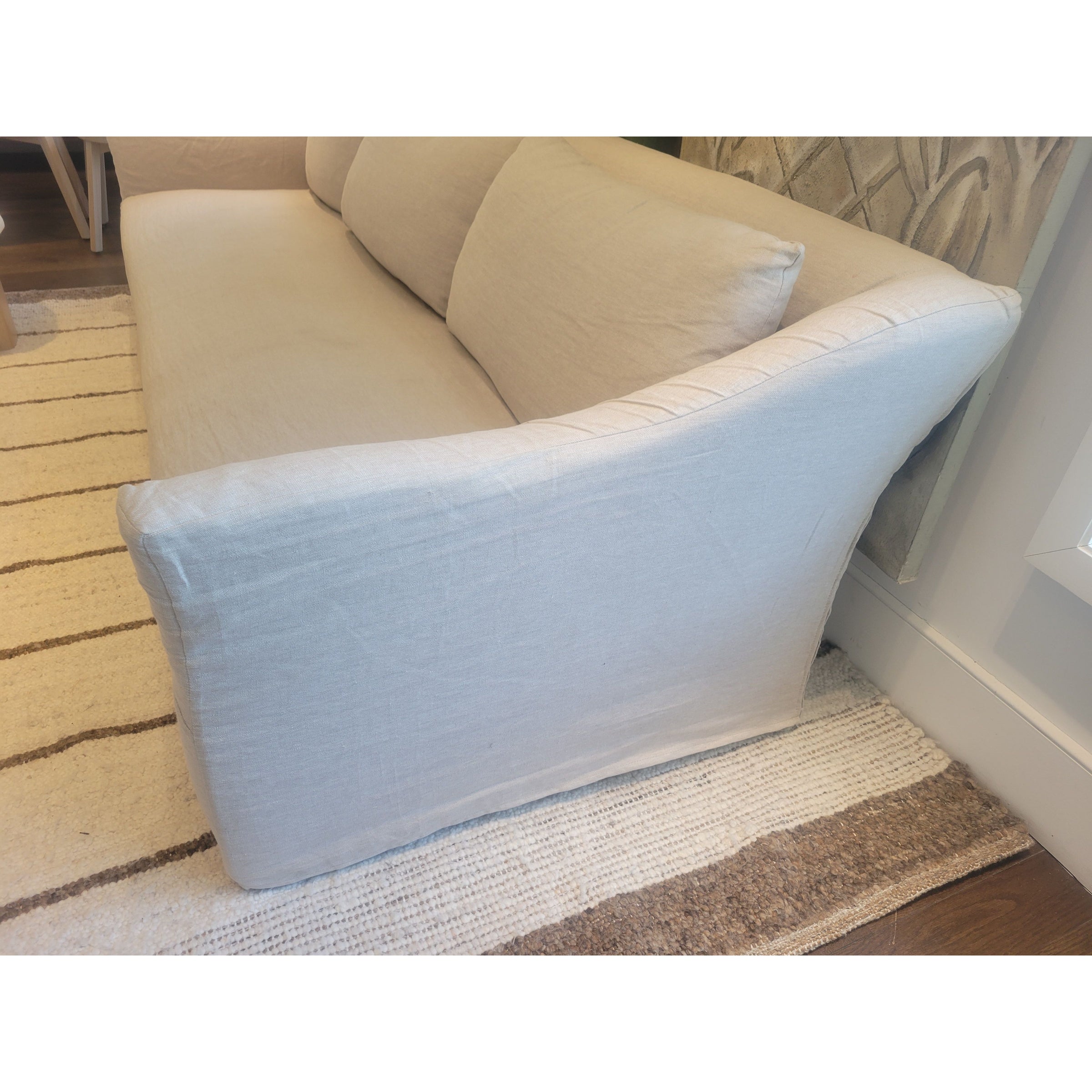 Custom Beige Perf. Linen Slipcover Slope Arm 3-Seater Sofa