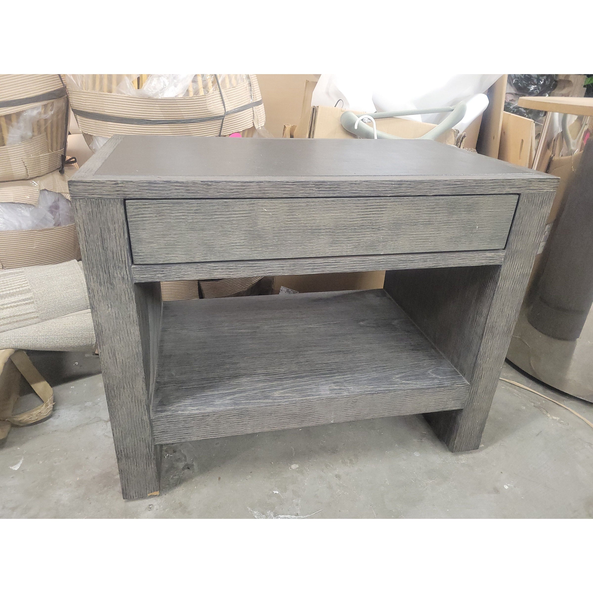 Dark Gray Side Table w/ Drawer, Lower Shelf, Black Leather Top (AS IS) - colletteconsignment.com