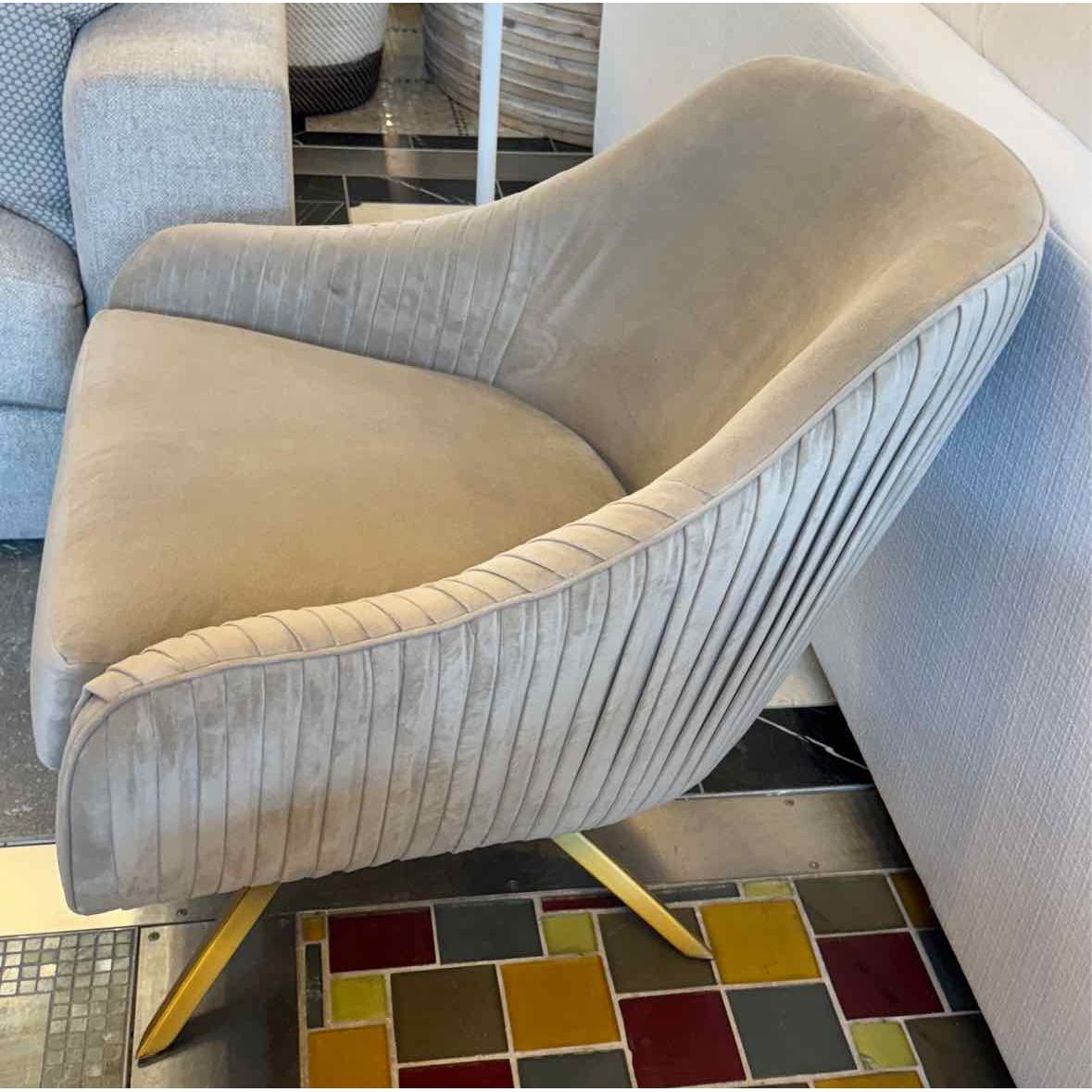 PAIR of 'Roar & Rabbit' Beige Velvet Swivel Chairs w/ Brass Legs - AS IS