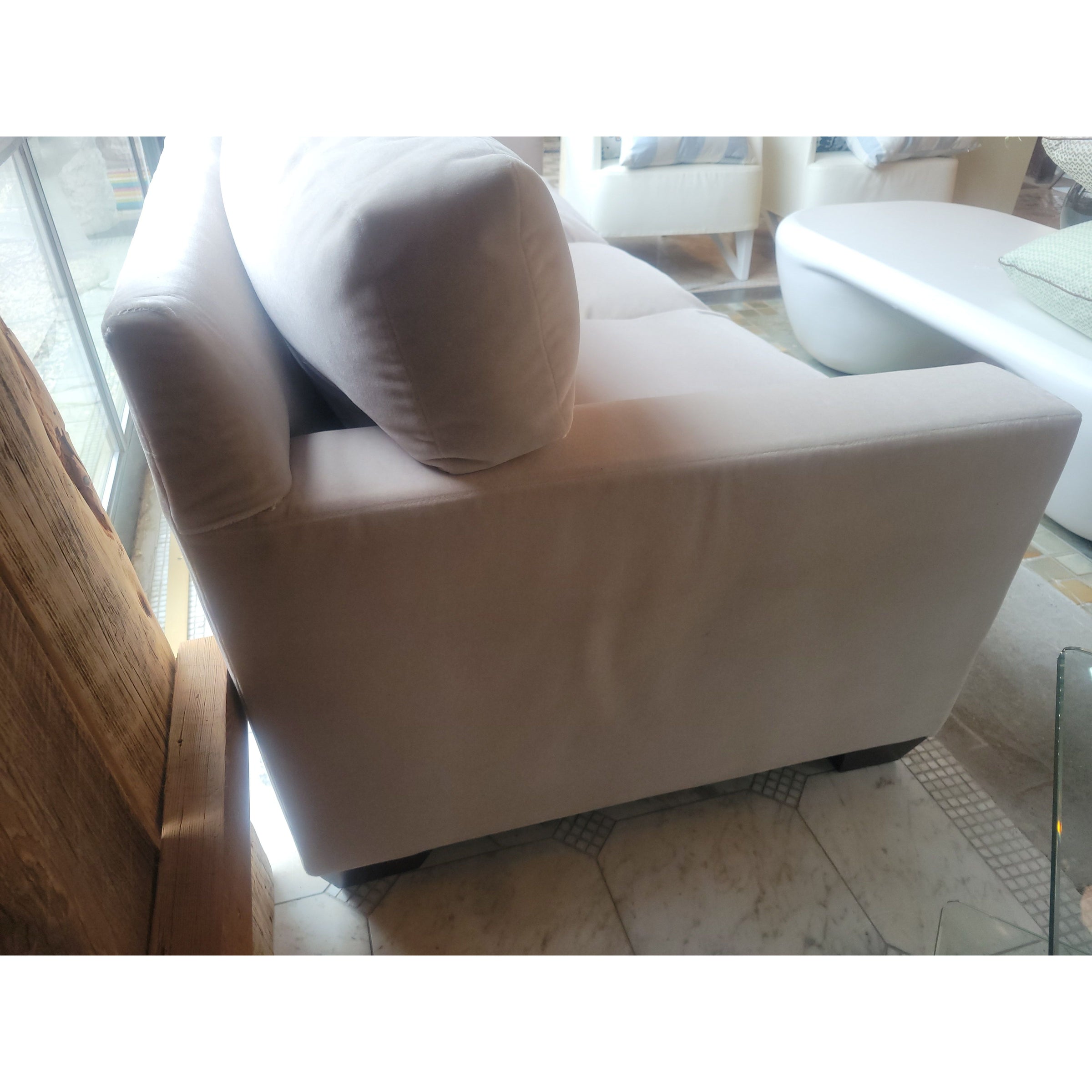 Custom 7-ft Beige Mohair 3-Seater Sofa - colletteconsignment.com