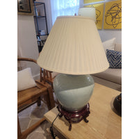 Vintage Crackle Ceramic Table Lamp w/ Silk Shade on Chinese Base - AS IS