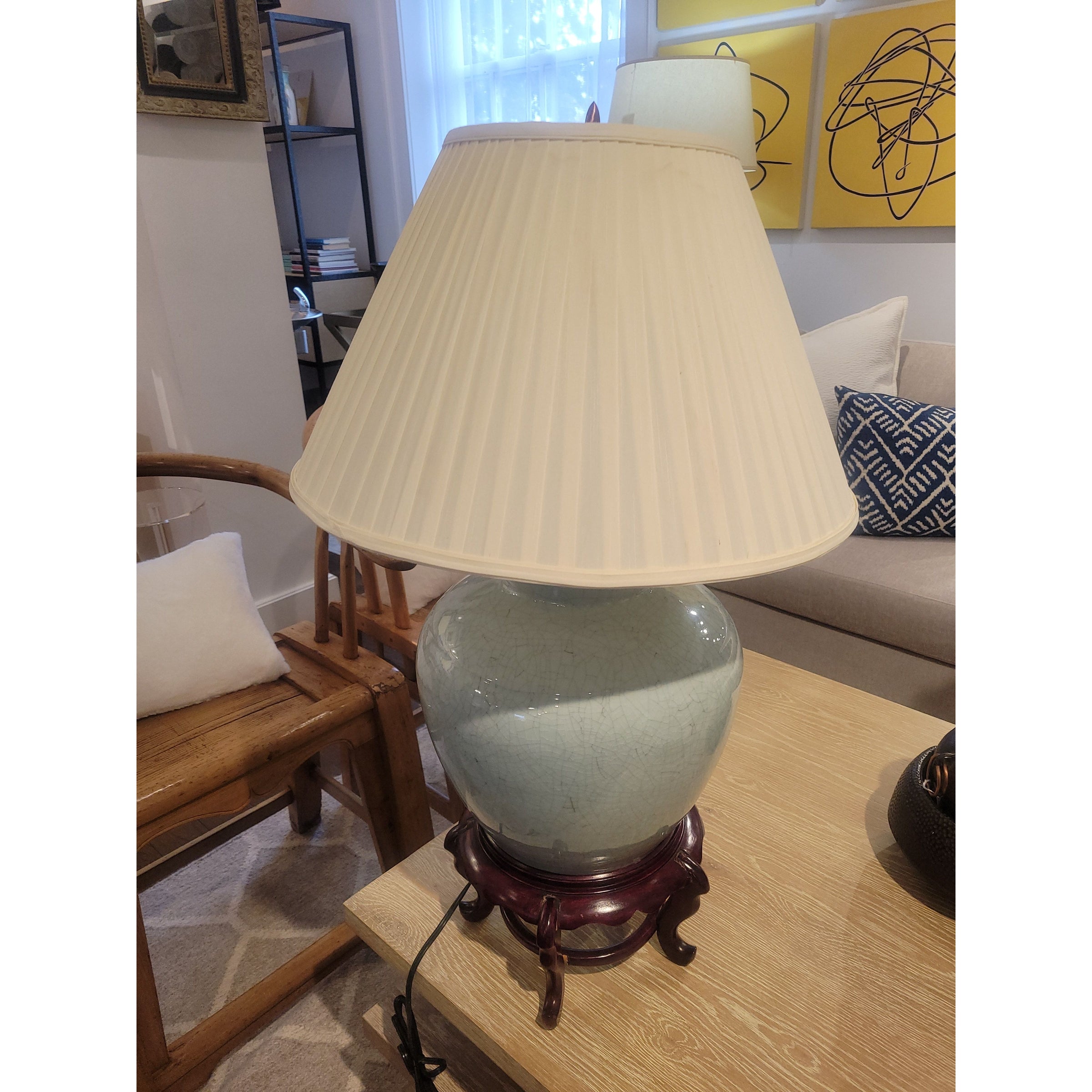 Vintage Crackle Ceramic Table Lamp w/ Silk Shade on Chinese Base - AS IS