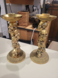 PAIR of Brass Stacked Skulls Candlesticks by DL & Co