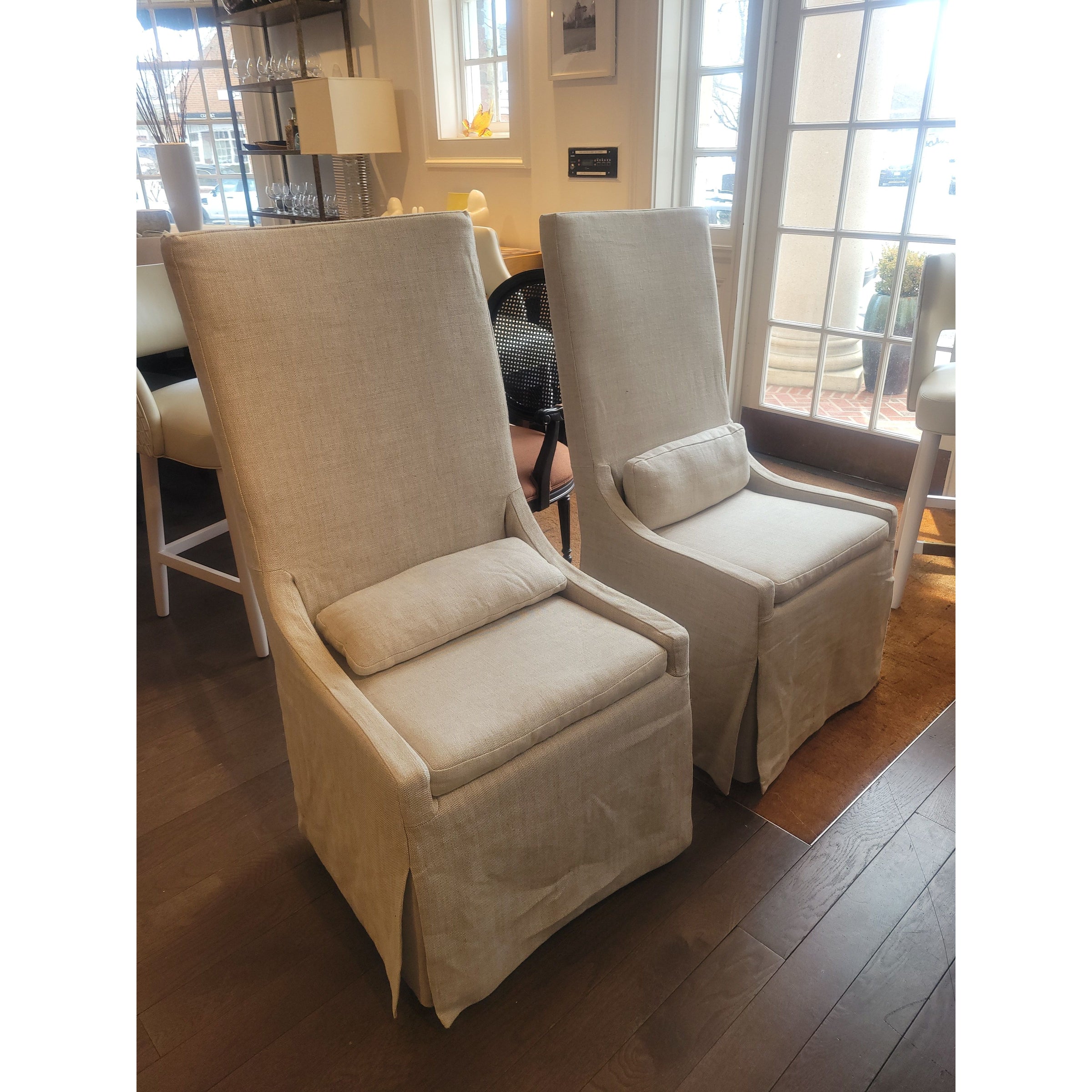 PAIR of Belgian Slipcover Highback Dining Chairs on Casters by RH (AS IS) - colletteconsignment.com