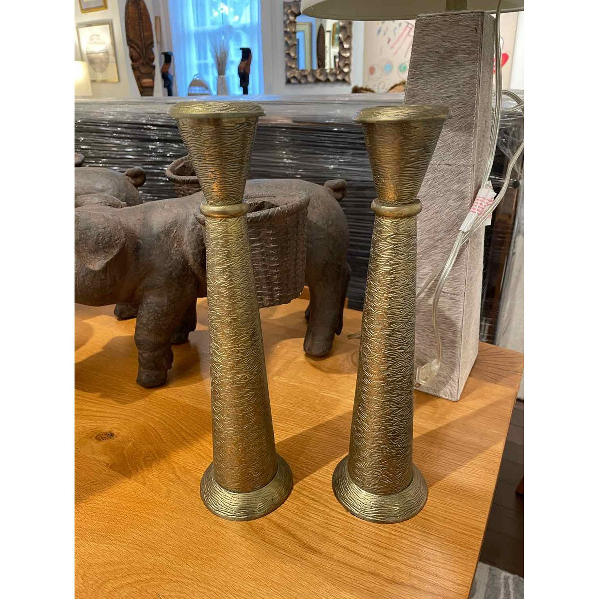 PAIR of Textured Brass Candlesticks