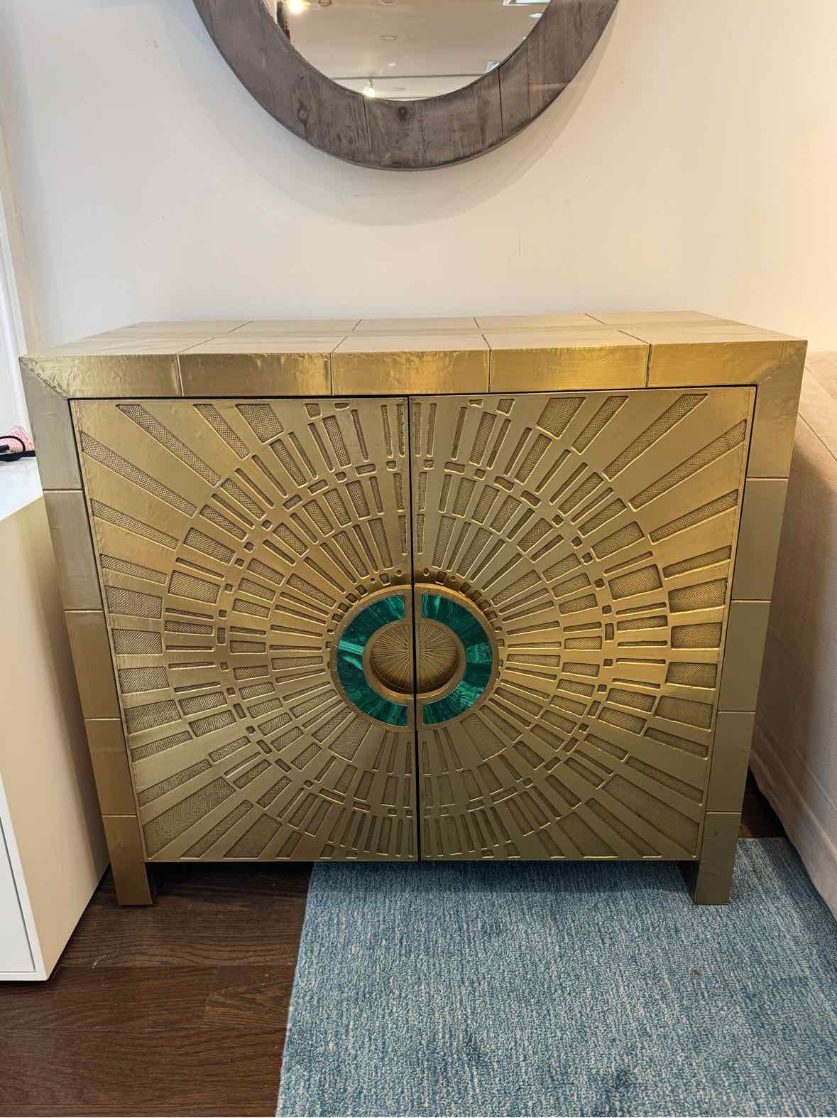 'Talitha' Brass Cabinet w/ Emerald Malachite Handles by Jonathan Adler - 36"L x