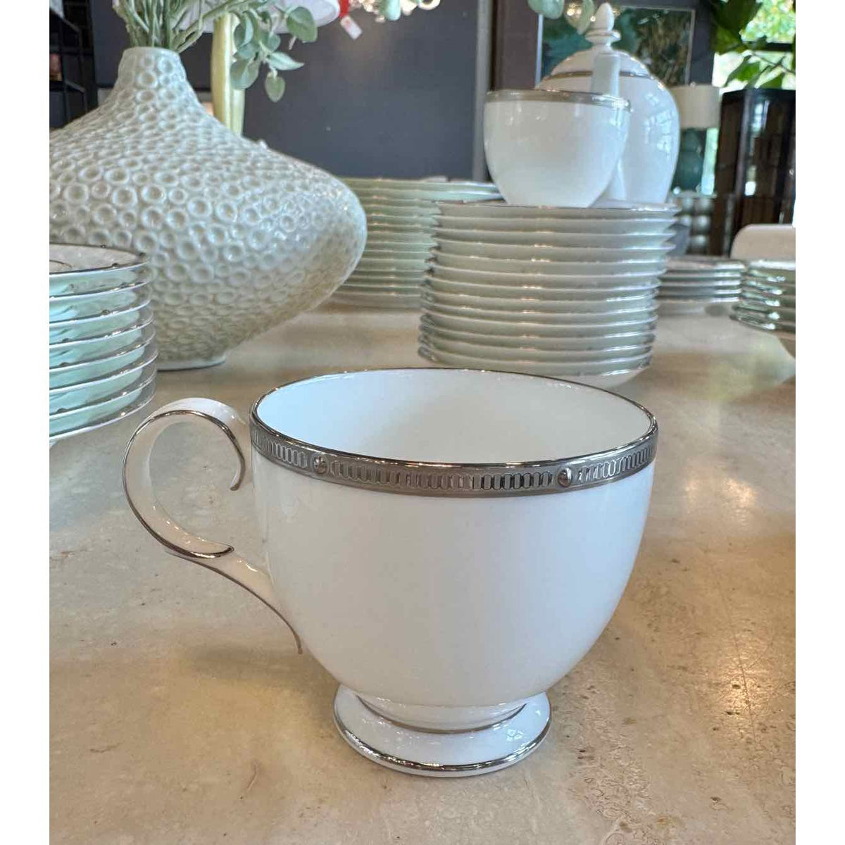 Set of 3 Coffee Cups, Noritake 'Rochelle' Platinum