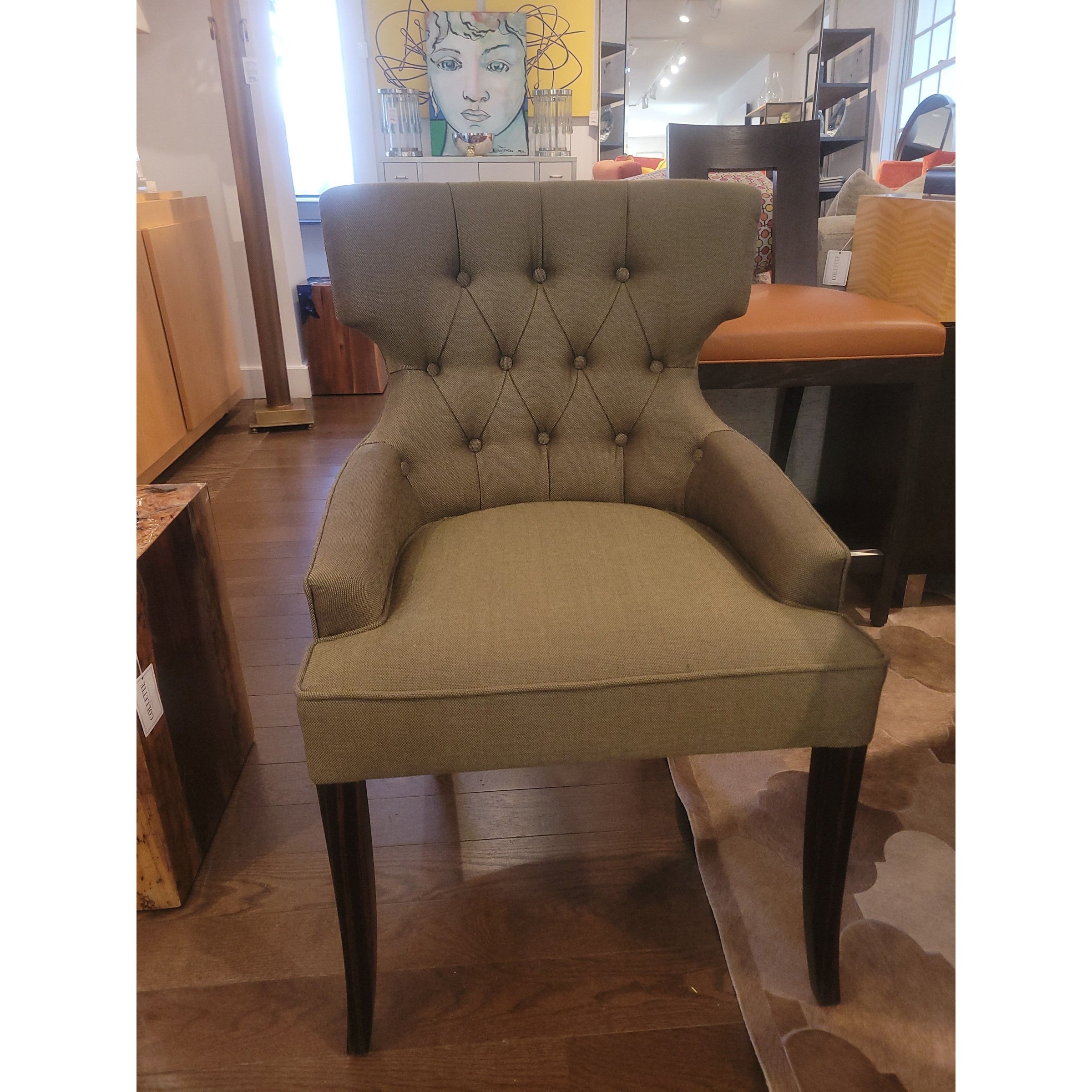 PAIR of Custom Tufted Green Twill Nailhead Chairs w/ Ebony Legs