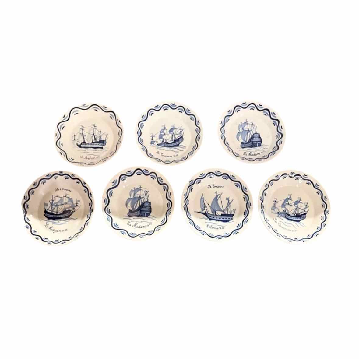 Set of Seven Antique  French Quimper Plates w/ Ships, 9.25" Dia x 4"H
