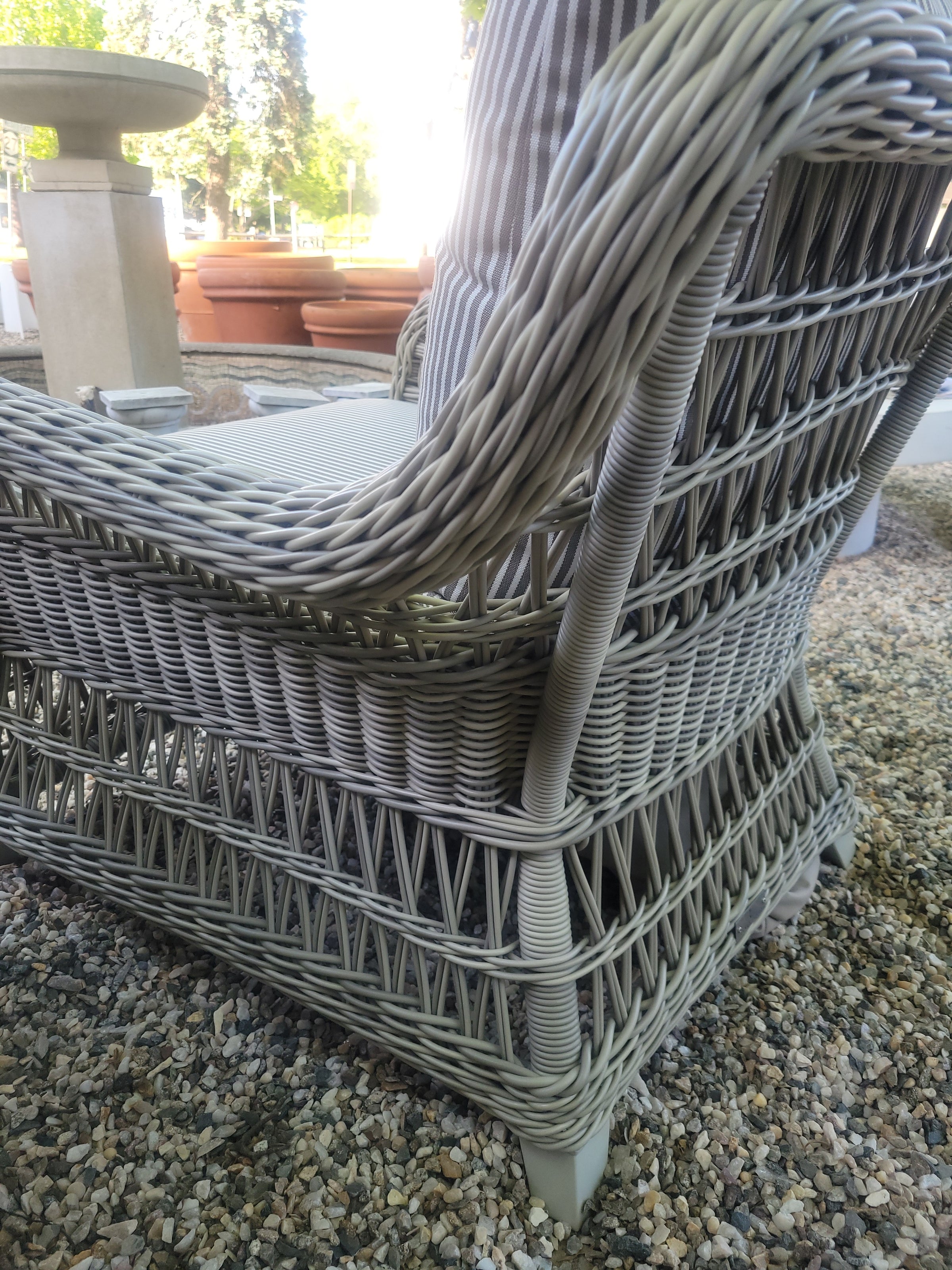 PAIR of Gray Wicker Arbor Lounge Chairs w/ Striped Cushions by Janus et Cie