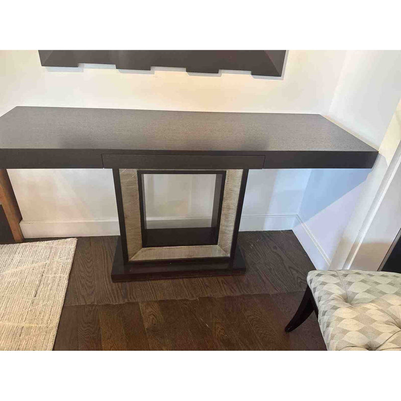 Custom Natural Wenge Wood Console Table w/ Glazed Antiqued Silver Leaf Inlay - colletteconsignment.com
