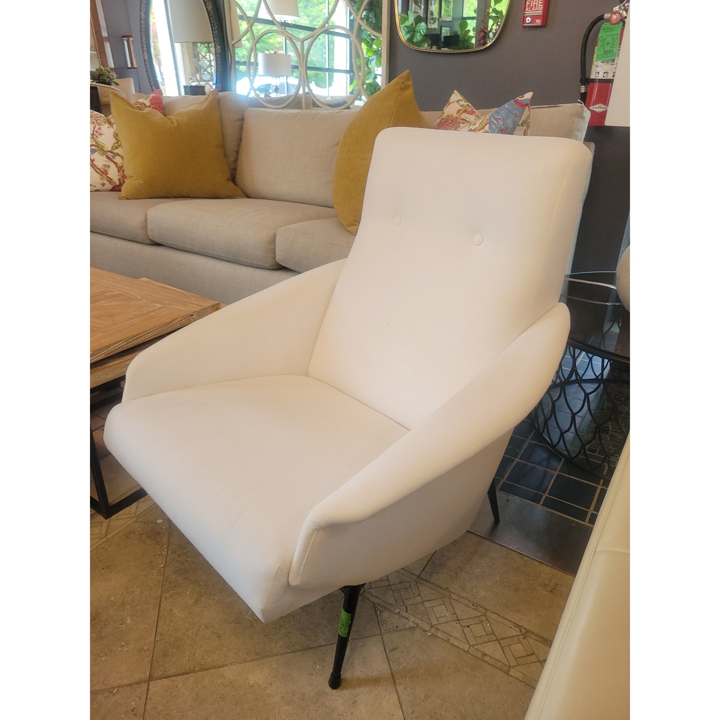 Tufted White Arm Chair w/ Black Metal Legs - AS IS