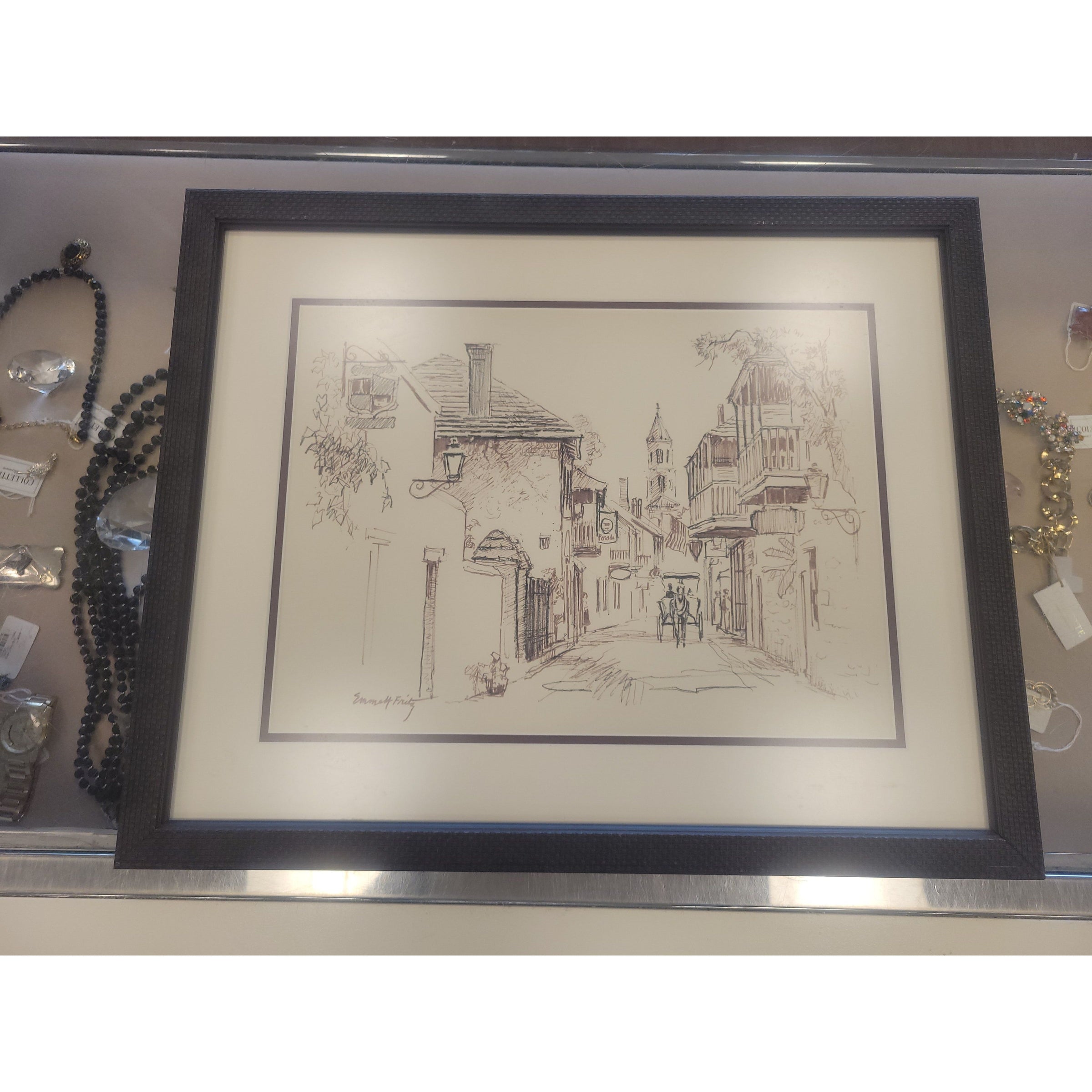 Rare St. Augustine Drawing by Emmett Fritz in Maroon Frame