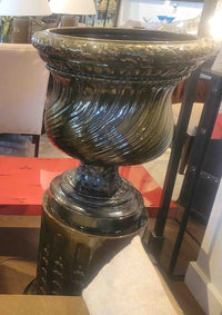 Vintage Dark Green Glazed Clay Urn on Pedestal from NY Armory