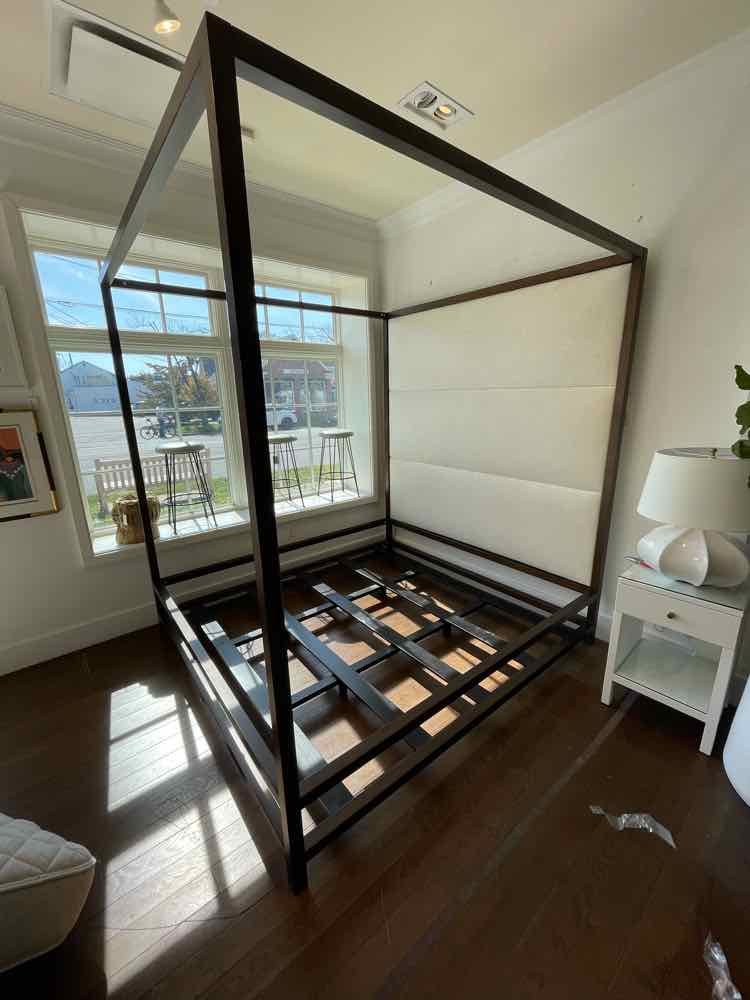 King-Sized Brassed Metal Canopy Bed Frame w/ Upholstered Headboard (AS IS)