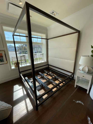 King-Sized Brassed Metal Canopy Bed Frame w/ Upholstered Headboard (AS IS)