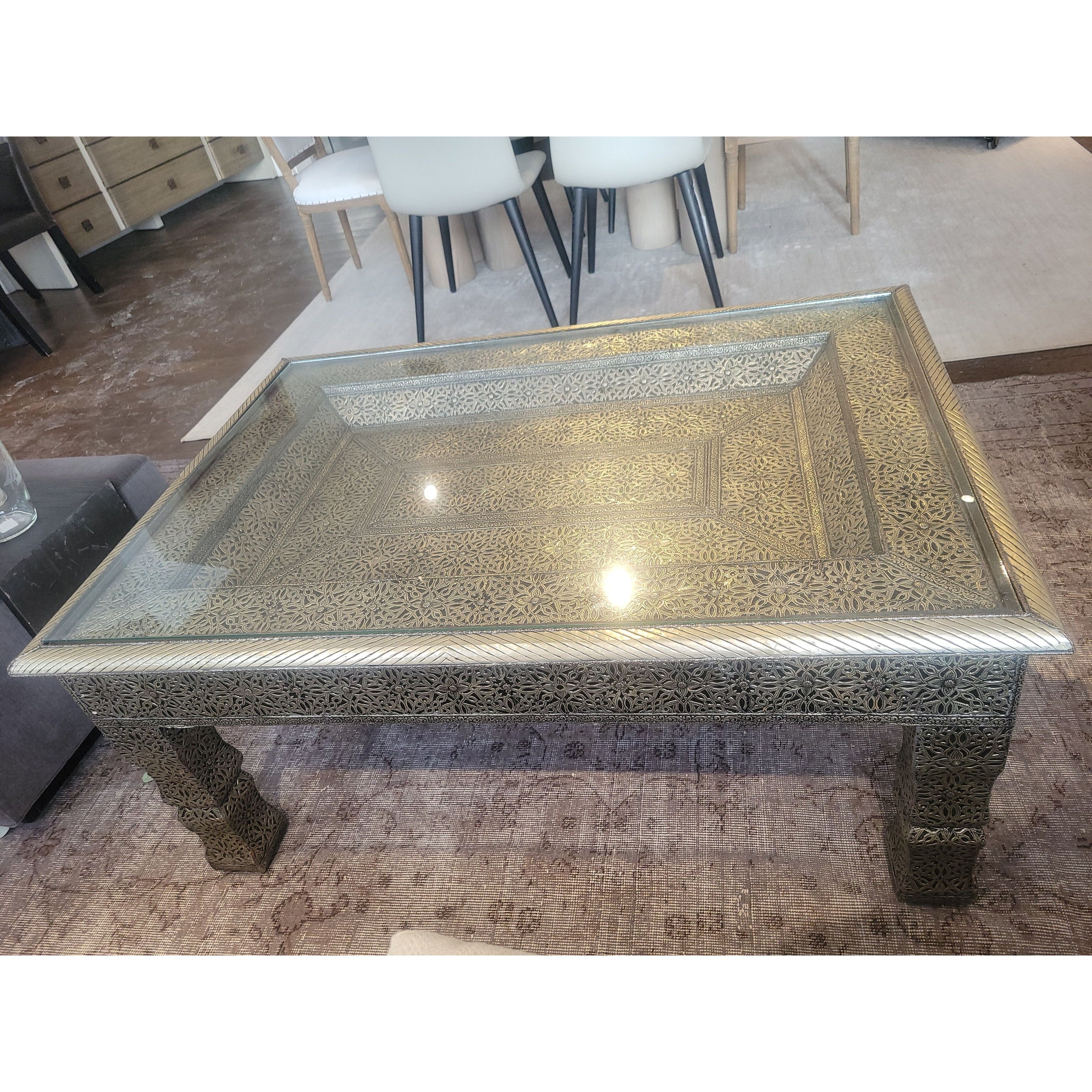 Moroccan Marrakesh Metal Wrapped Coffee Table w/ Glass Top (AS IS)