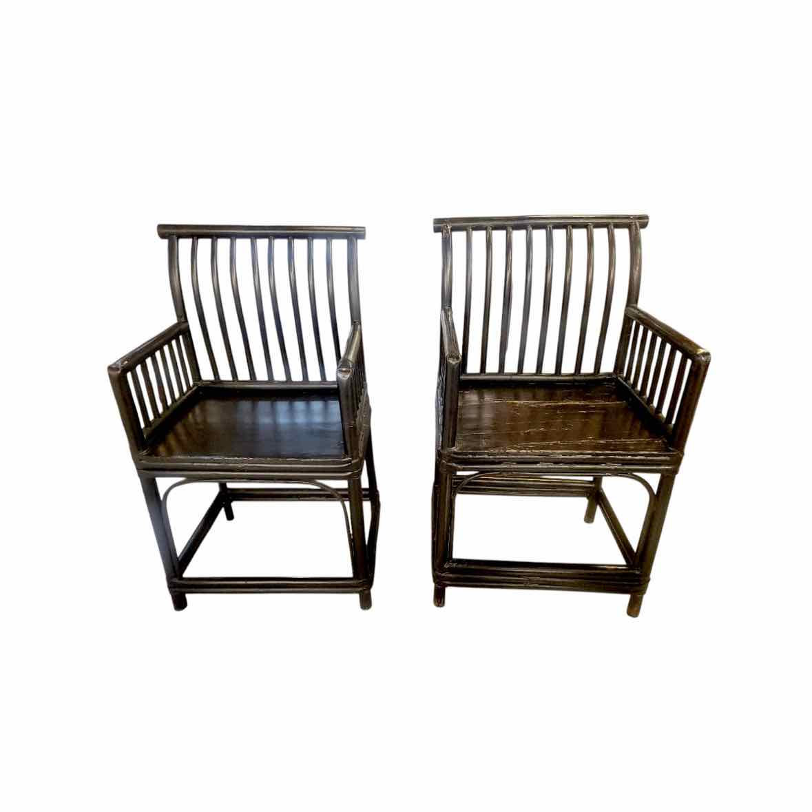 PAIR of Antique Chinese Ebonized Bamboo Stickback Chairs (As Is)