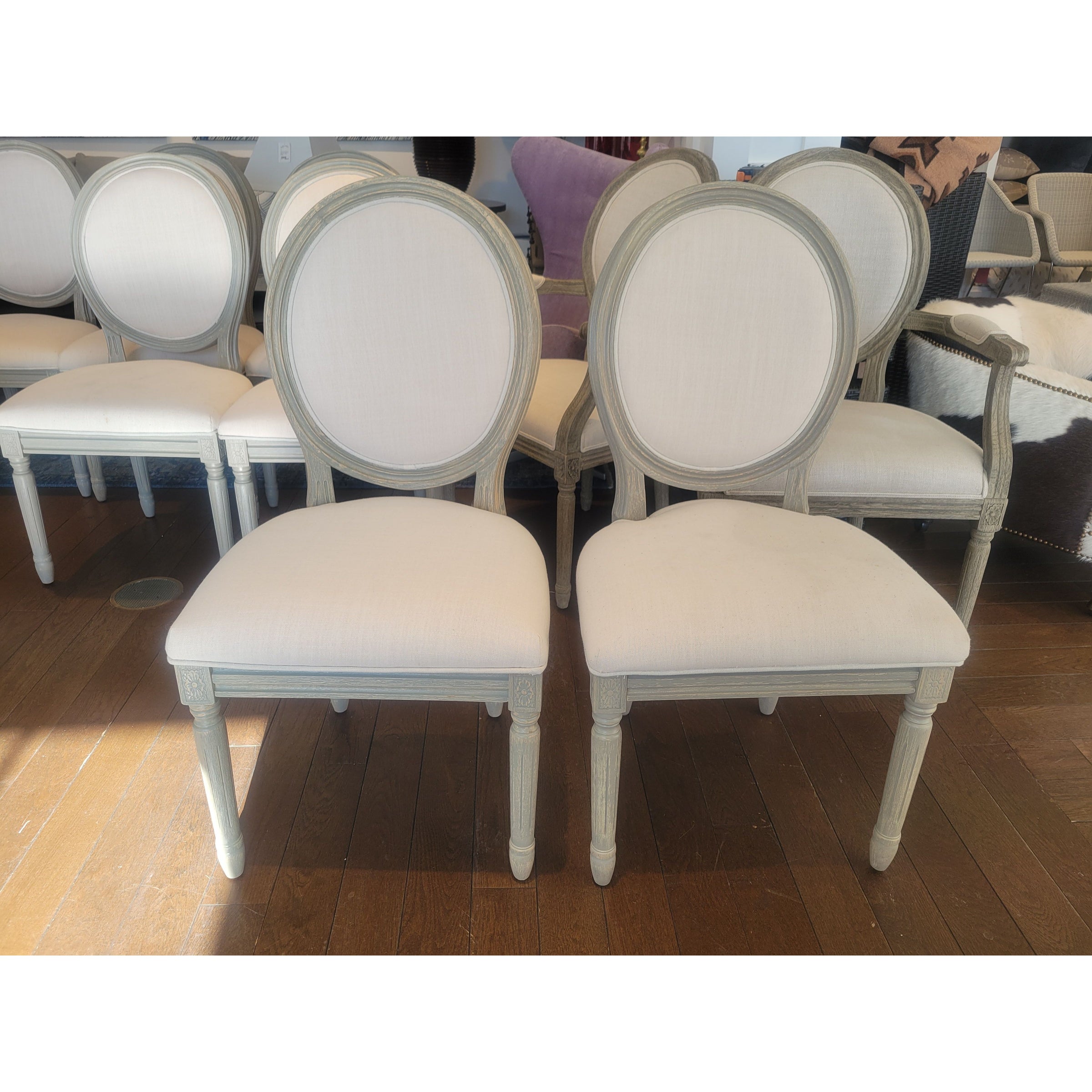 SET of 10 French Linen & Wood Round-Back Dining Chairs by Safavieh (AS IS) - colletteconsignment.com