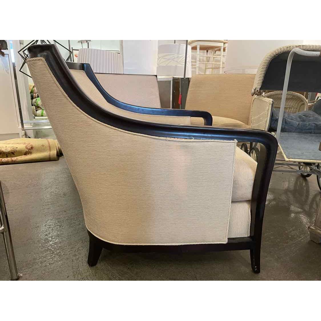 Beige Upholstered Salon Lounge Chair on Walnut Base by Baker (AS IS)