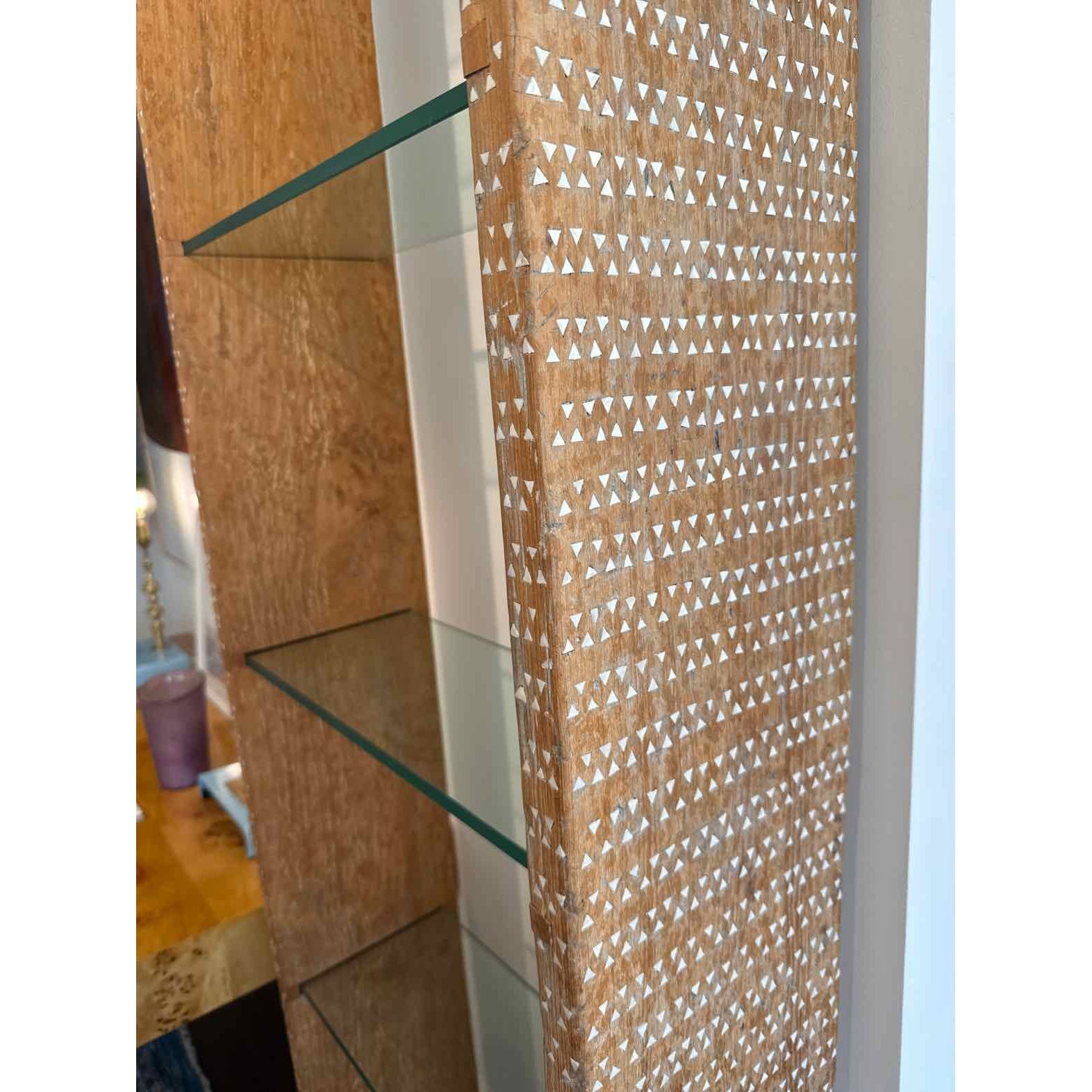 Custom Hand-Made Mother of Pearl Inlay Aged Teak Wood & Glass Etagere by Andria