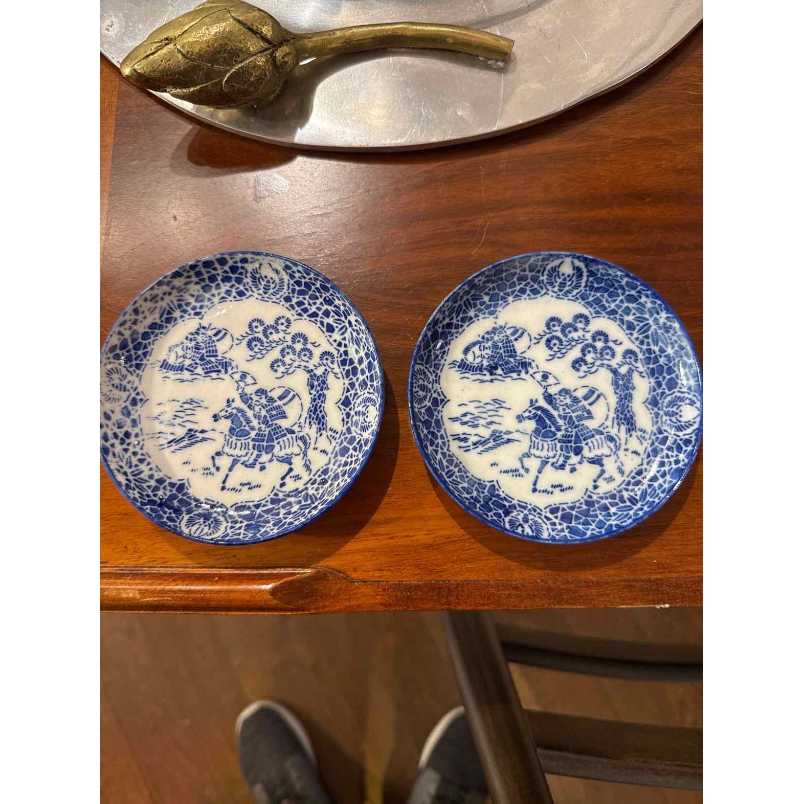 Pair of Small Antique Blue & White Canton Dshes, 4.25" Dia x 1"H