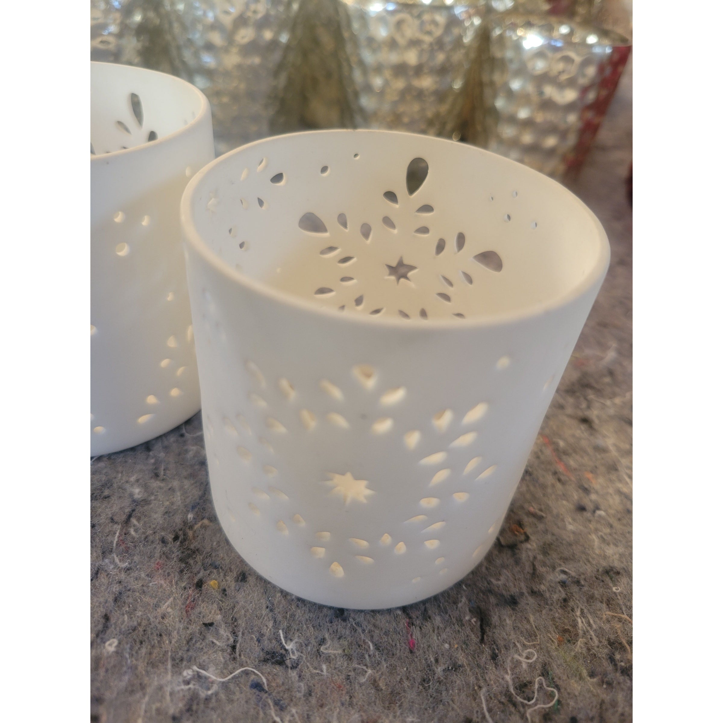 Pair of White Snowflake Votive Candle Holders