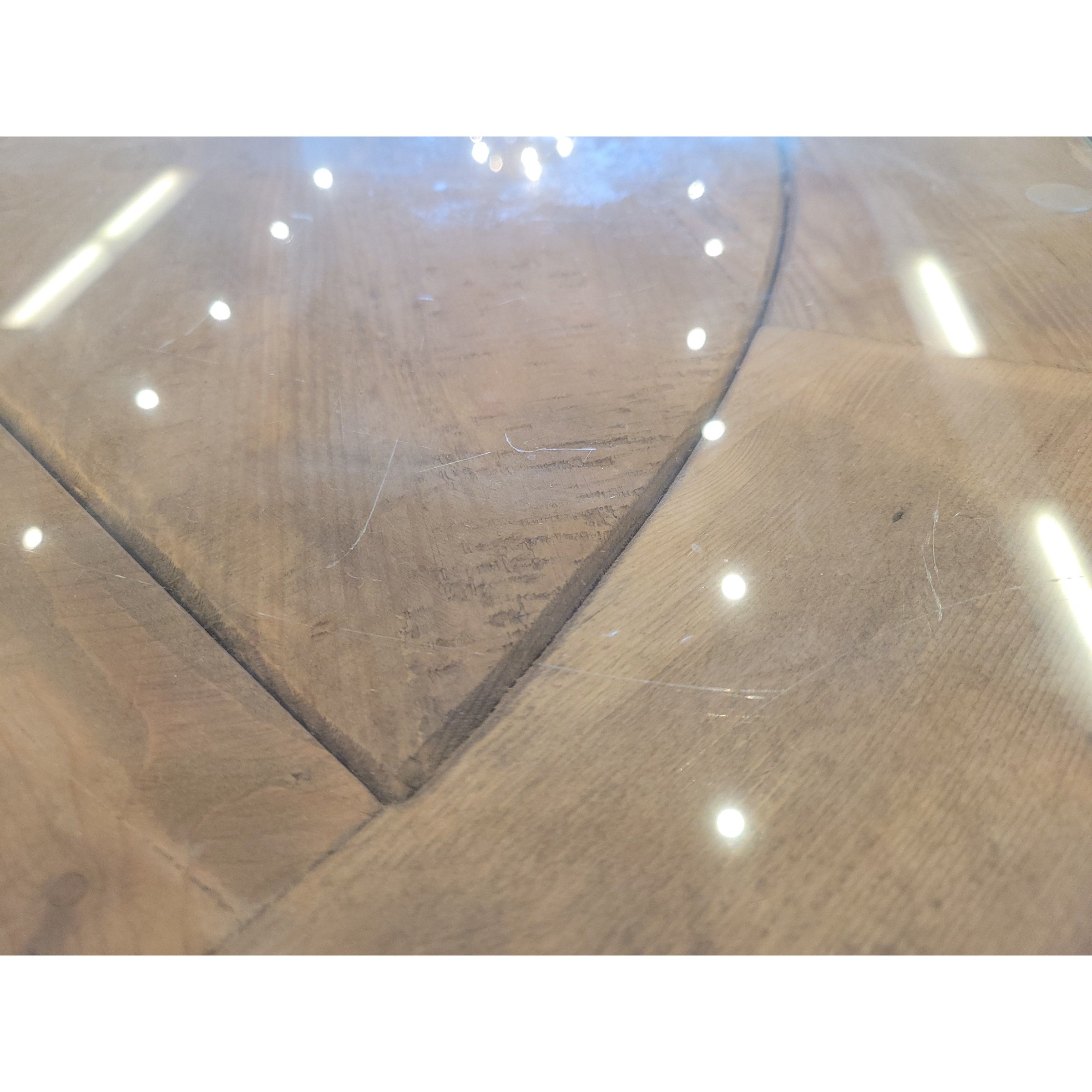 4-ft Round Wood Trestle Dining Table w/ Glass Top - AS IS