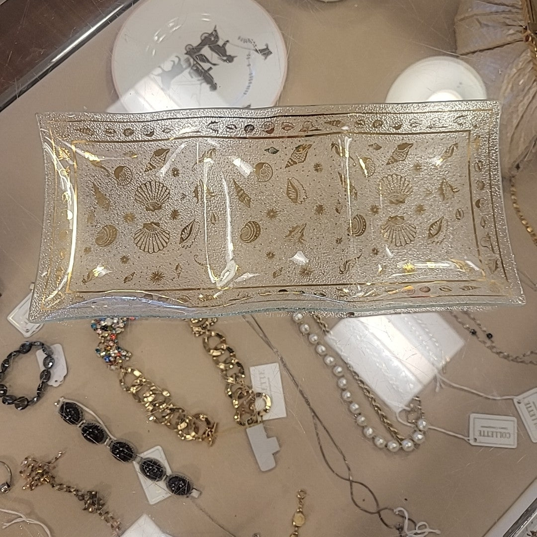 Belle Nautical Gold Glass Rectangular 3-Section Platter - colletteconsignment.com