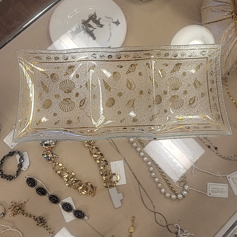 Belle Nautical Gold Glass Rectangular 3-Section Platter - colletteconsignment.com