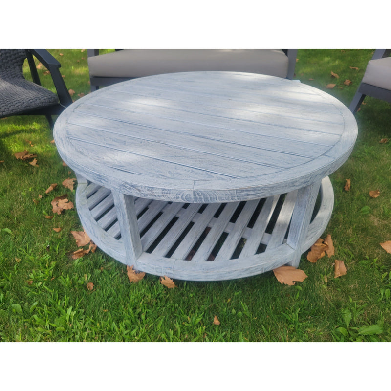 'Arbor' Gray Teak Round Coffee Table w/ Shelf by Janus et Cie