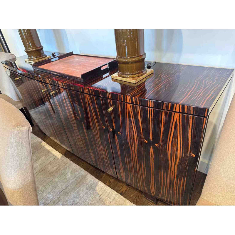 Custom Polished Macassar Ebony Bowed Front Buffet w/ Bronze Pulls - colletteconsignment.com