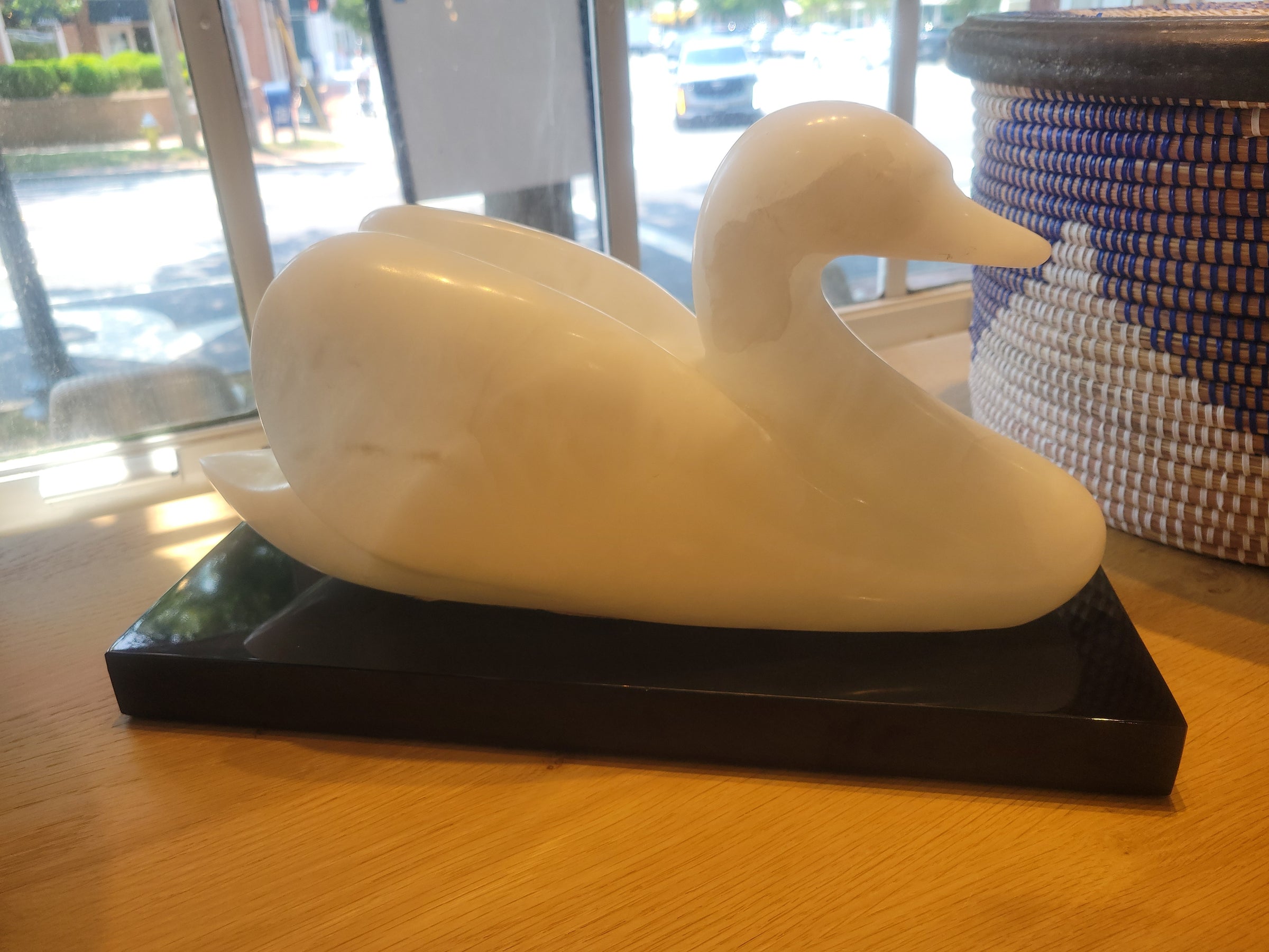'Swan II' White Alabaster Sculpture on Marble Base by Robert L. Hooke