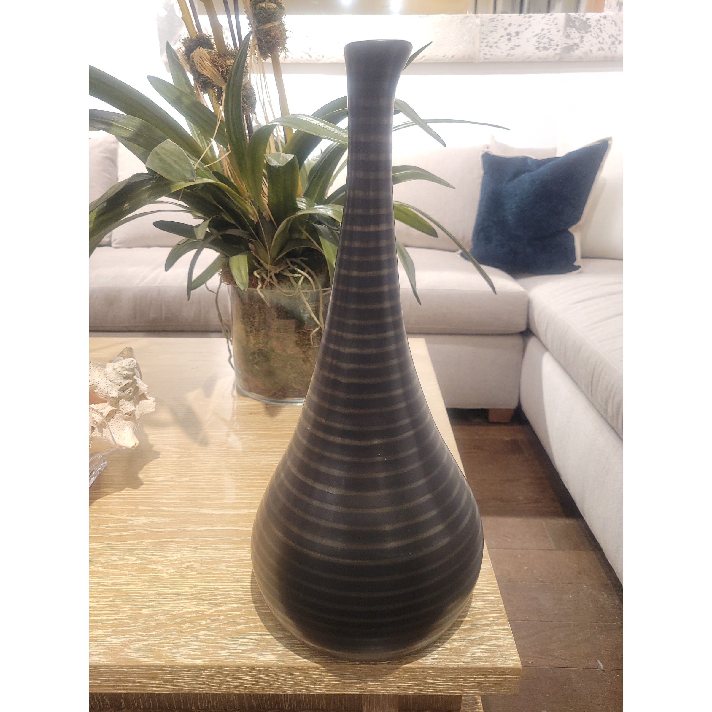 Striped Black & Brown Ceramic Genie Bottle Vase