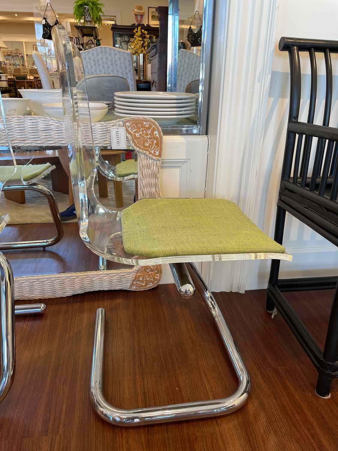 PAIR of Mid-Century Lucite & Chrome Chairs w/ Green Seats by Luigi Bardini