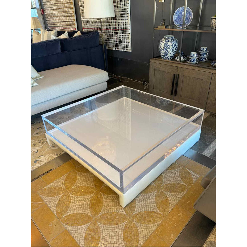 Custom Lucite / White Leather Coffee Table by Classic Gallery