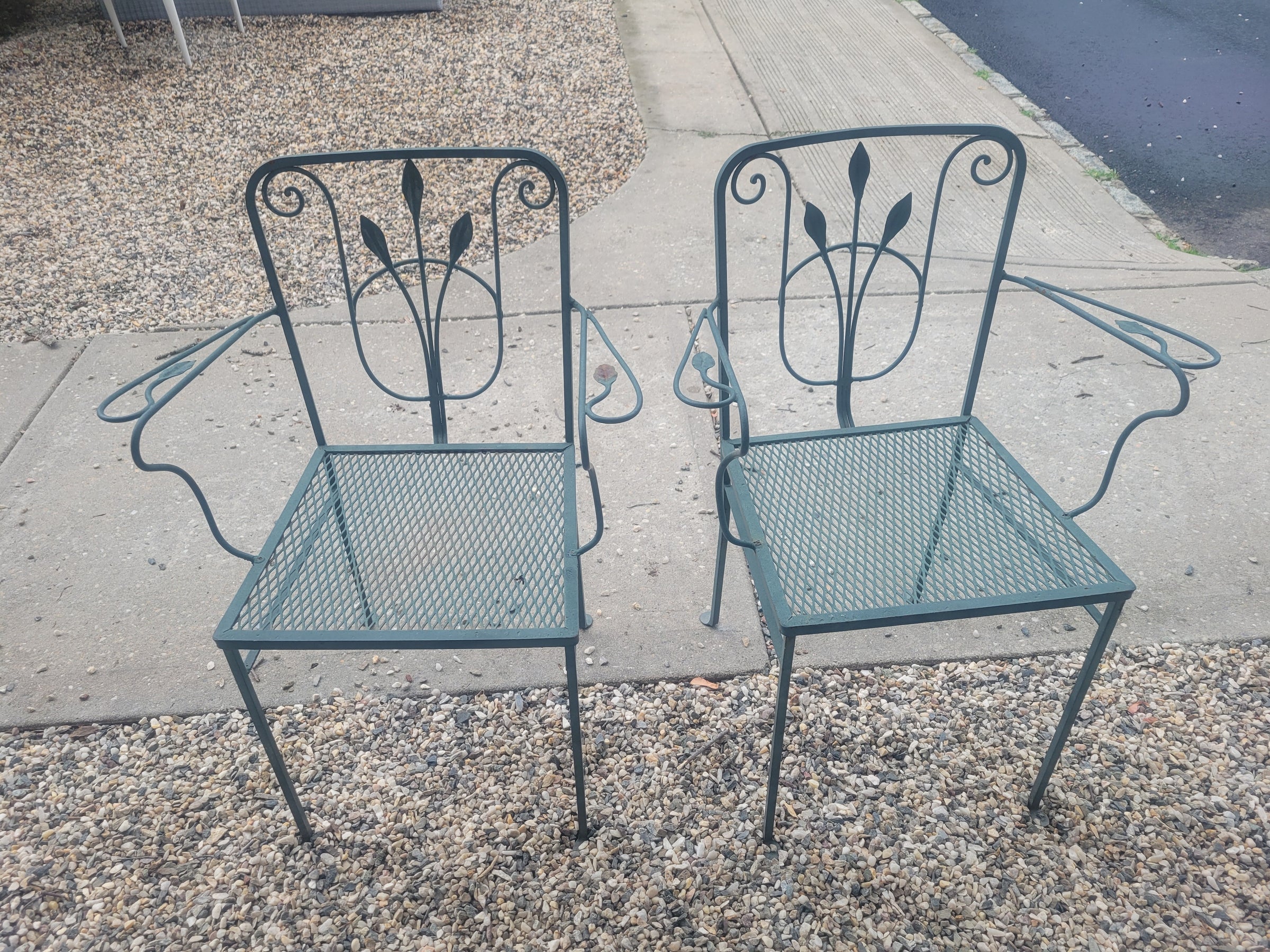 SET of 5-ft Green Iron Glass Top Dining Table, 4 Side Chairs, 2 Arm Chairs