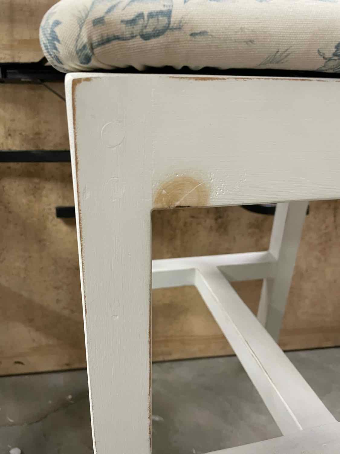 SET of 3 Vintage White Counter Stools w/ Toile Seat Cushions (AS IS)