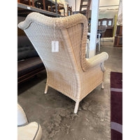 Beige Wicker Wingback Arm Chair w/ White Cushion