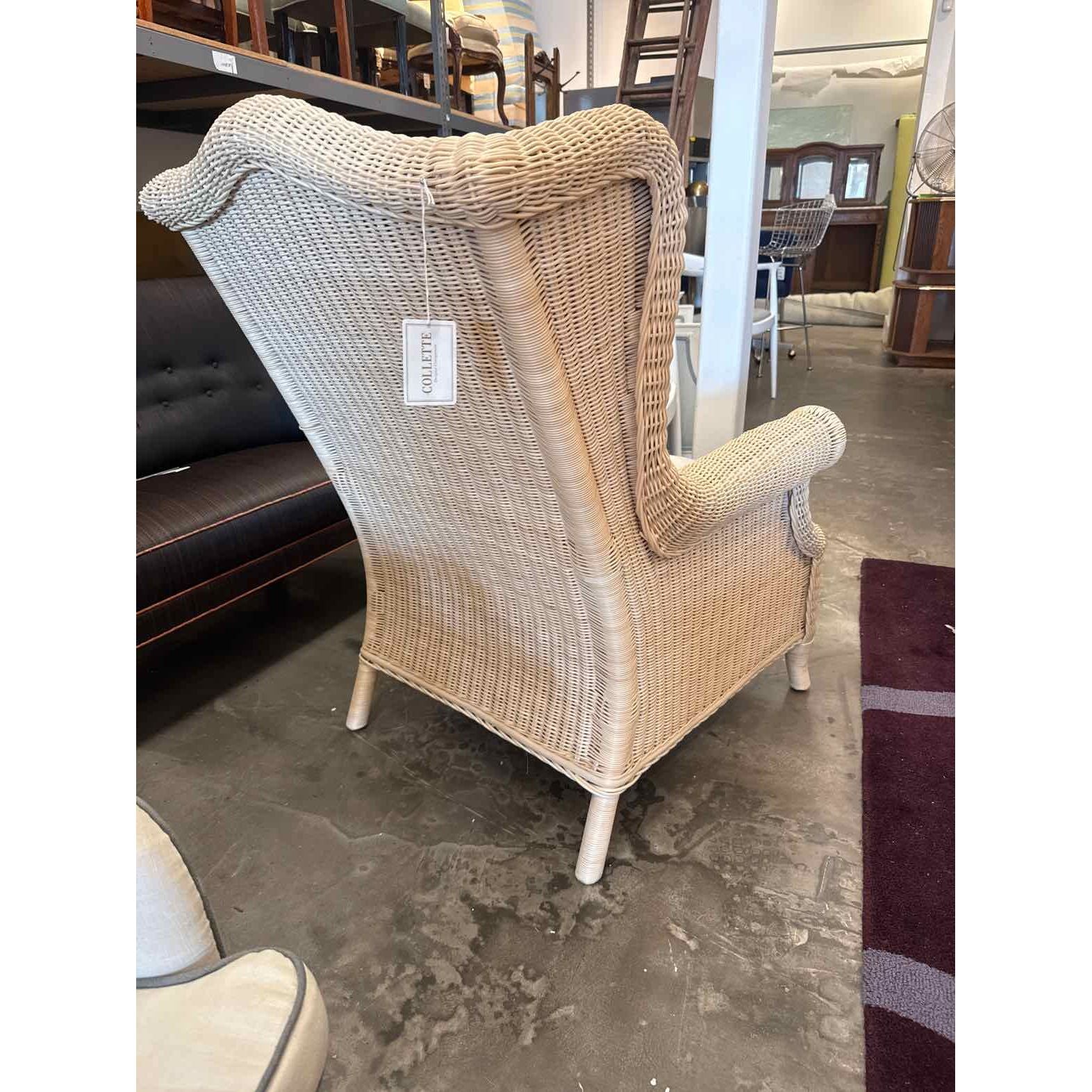 Beige Wicker Wingback Arm Chair w/ White Cushion