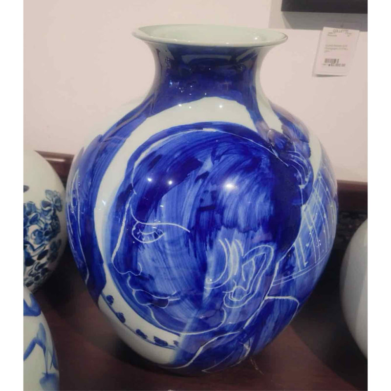 Large Blue and White Porcelain Urn Vase with Face Motif by Jared FitzGerald